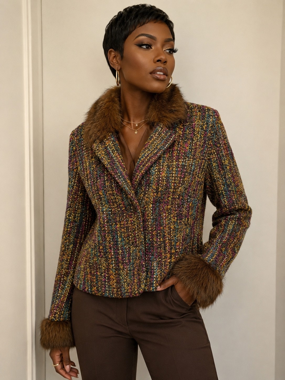 Karen Kane Multicolor Tweed Jacket with Brown Faux-Fur Trim Size 14